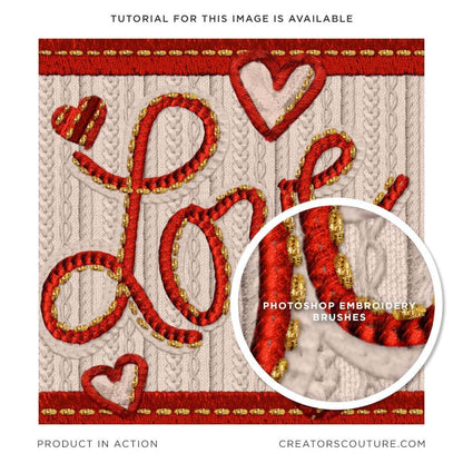 Embroidery style illustration of the word love in a Valentine's Day style, and a background that looks stitched, with embroidered heart accent. Created in Photoshop using embroidery effect brushes. 