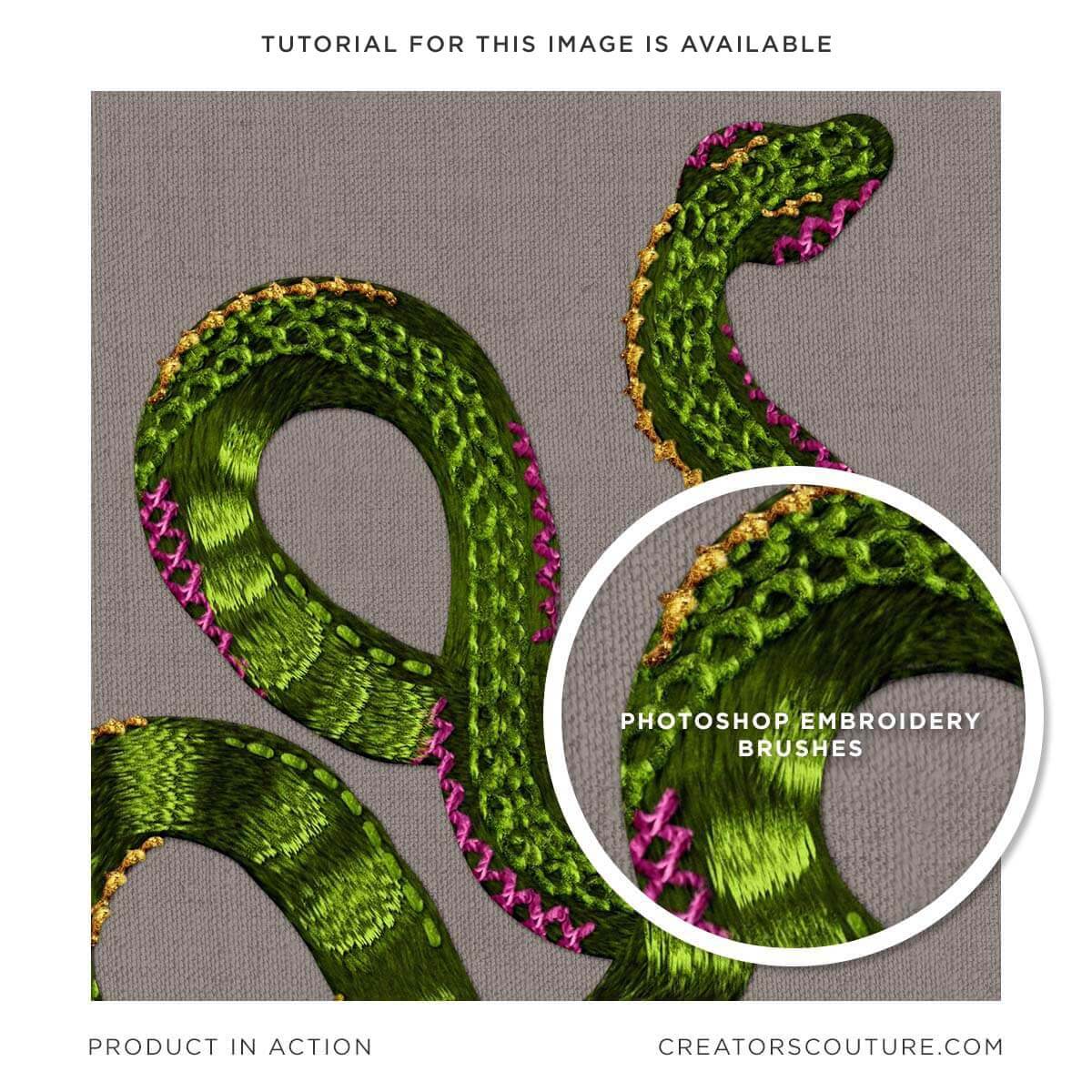 Embroidery style illustration of a snake, created in Adobe Photoshop, realistic embroidery effect