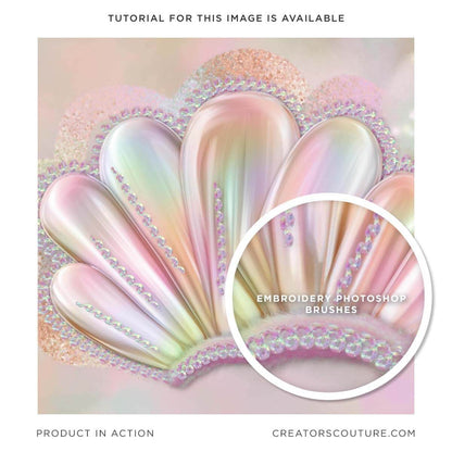 Shell illustration with iridescent style embroidery stitches, created in Photoshop using brushes that create a 3-D thread effect 