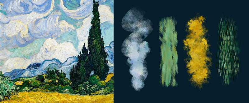 multicolor impressionist brush strokes next to a painting by Van Gogh