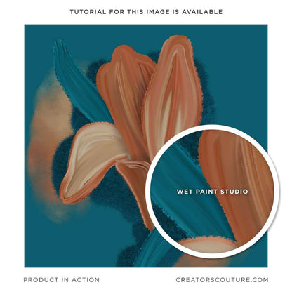 Abstract flower illustration, peach and teal colors, close-up of wet, paint, brush stroke, rendered in Photoshop