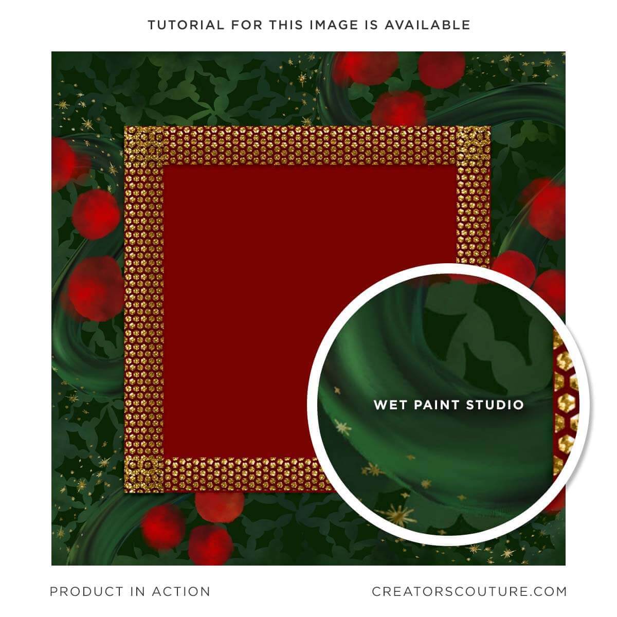 Christmas frame design illustrated in Photoshop with metallic gold accents, close-up of a dark, green, wet, paintbrush, stroke, created in Photoshop