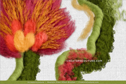 Close-up of a textured fabric with colorful floral patterns made with realistic Photoshop and Procreate fiber art brushes
