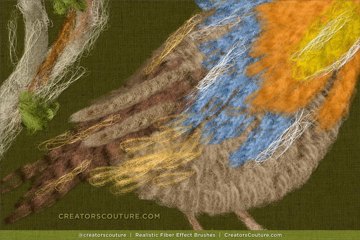 Close-up of a textured bird illustration with fibers in various colors made with realistic Photoshop and Procreate fiber art brushes