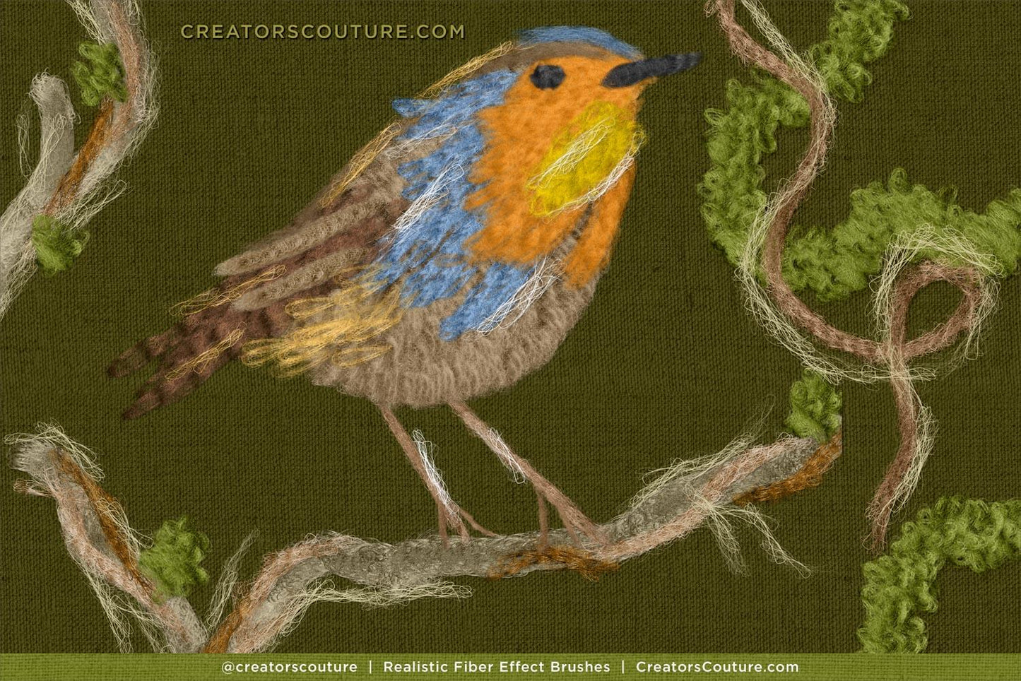 Embroidered robin on a branch with a green background made with realistic Photoshop and Procreate fiber art brushes