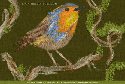 Embroidered robin on a branch with a green background made with realistic Photoshop and Procreate fiber art brushes