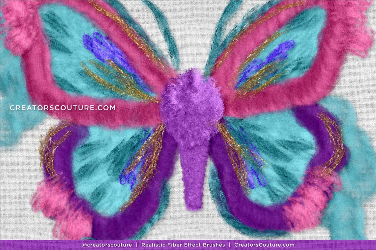 Butterfly made of yarn with pink, purple, and teal colors on a textured background made with realistic Photoshop and Procreate fiber art brushes