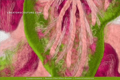 Close-up of pink and green textured fibers of a caladium illustration made with realistic Photoshop and Procreate fiber art brushes