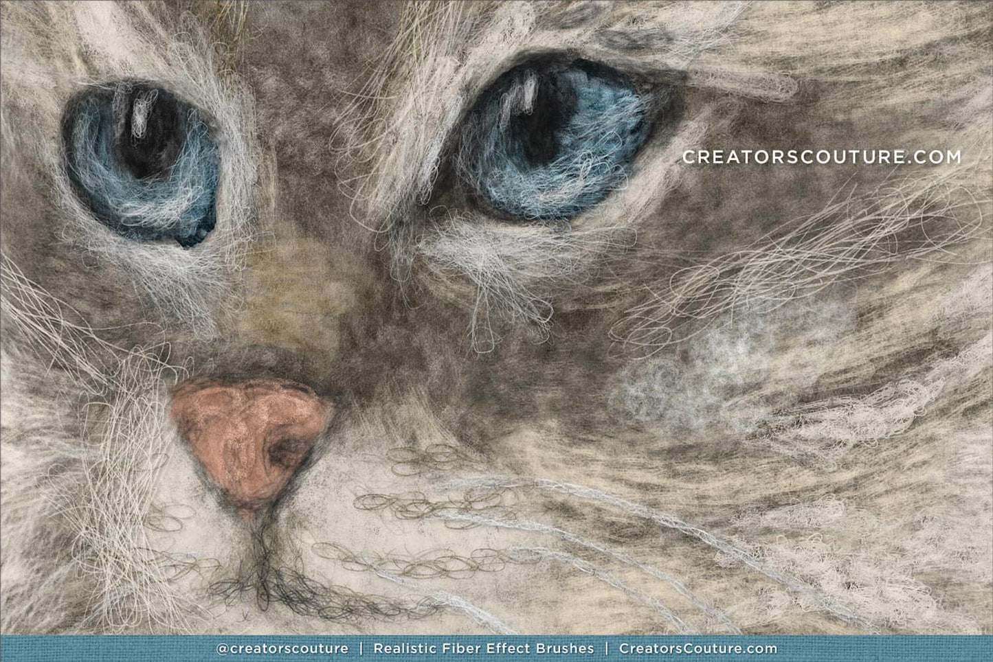 Close-up of a cat's face with detailed fur texture made with realistic Photoshop and Procreate fiber art brushes
