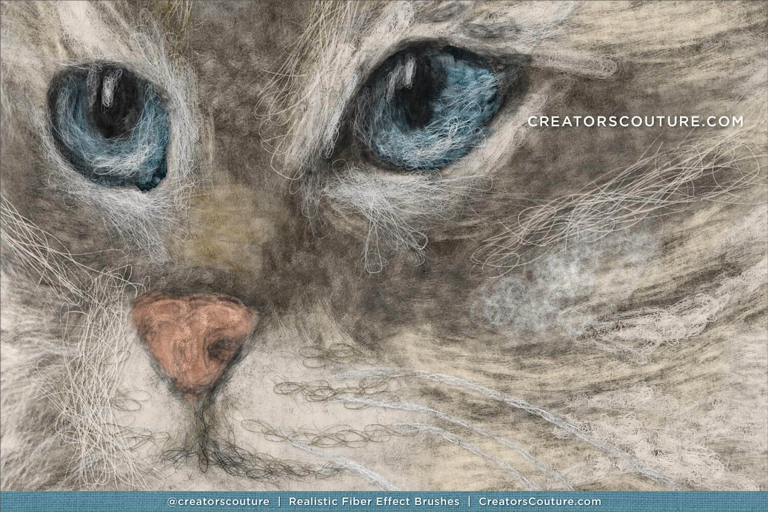 Close-up of a cat's face with detailed fur texture made with realistic Photoshop and Procreate fiber art brushes
