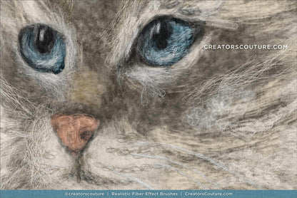 Close-up of a cat's face with detailed fur texture made with realistic Photoshop and Procreate fiber art brushes
