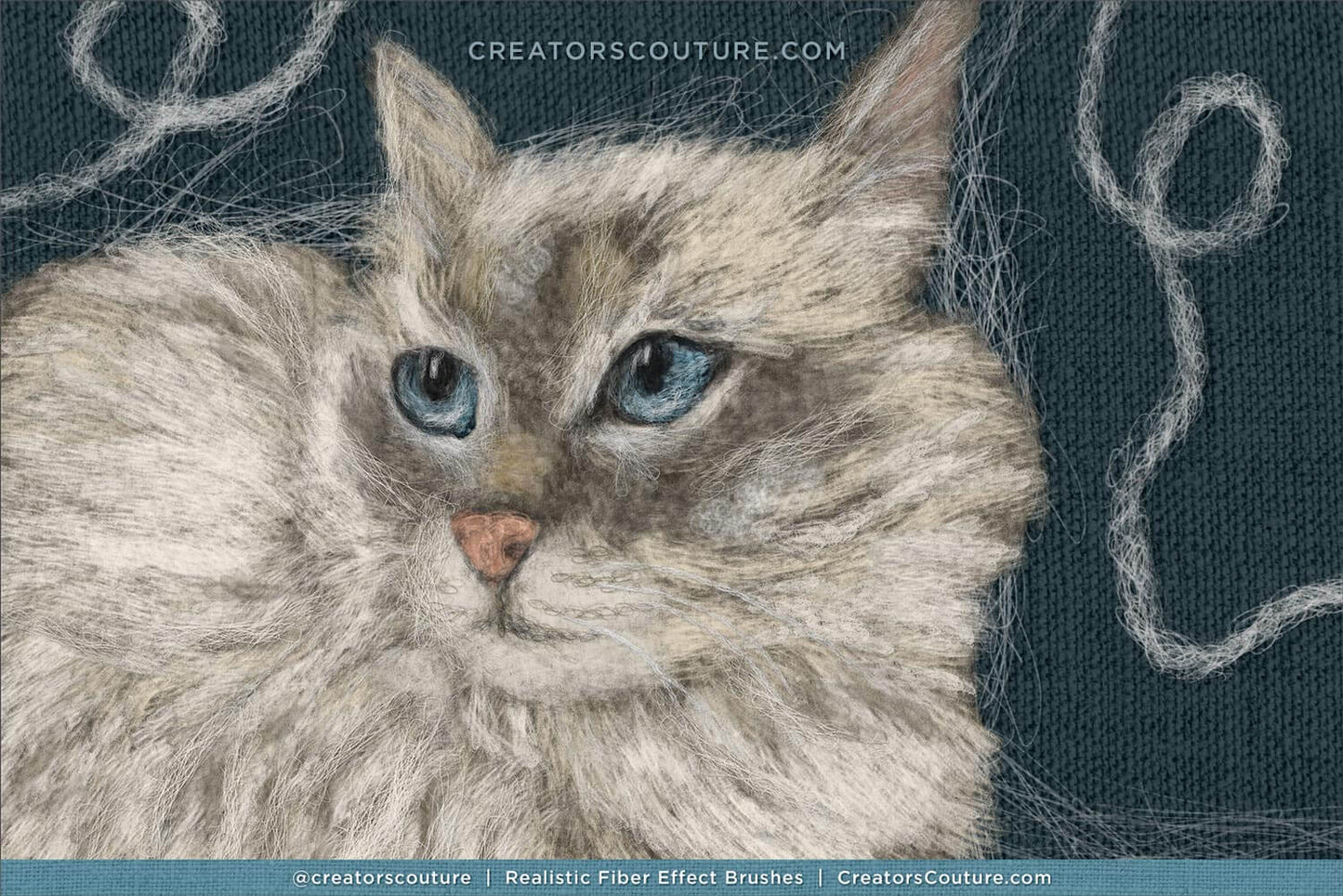 Close-up of a cat with blue eyes on a textured background made with realistic Photoshop and Procreate fiber art brushes