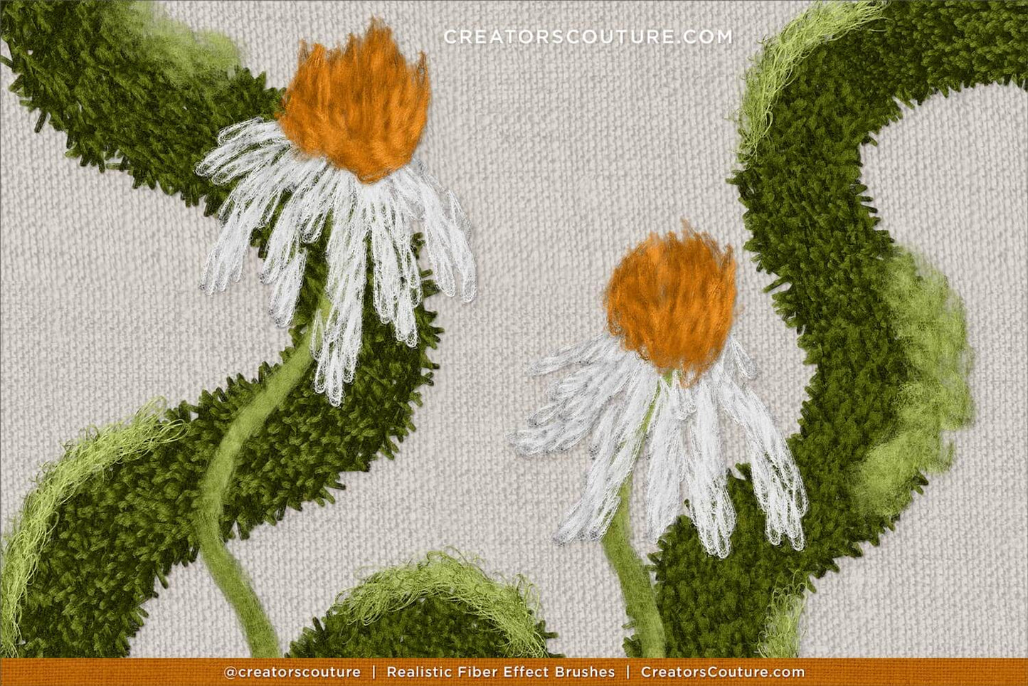 Close-up of embroidered flowers with green leaves on a textured fabric background made with realistic Photoshop and Procreate fiber art brushes