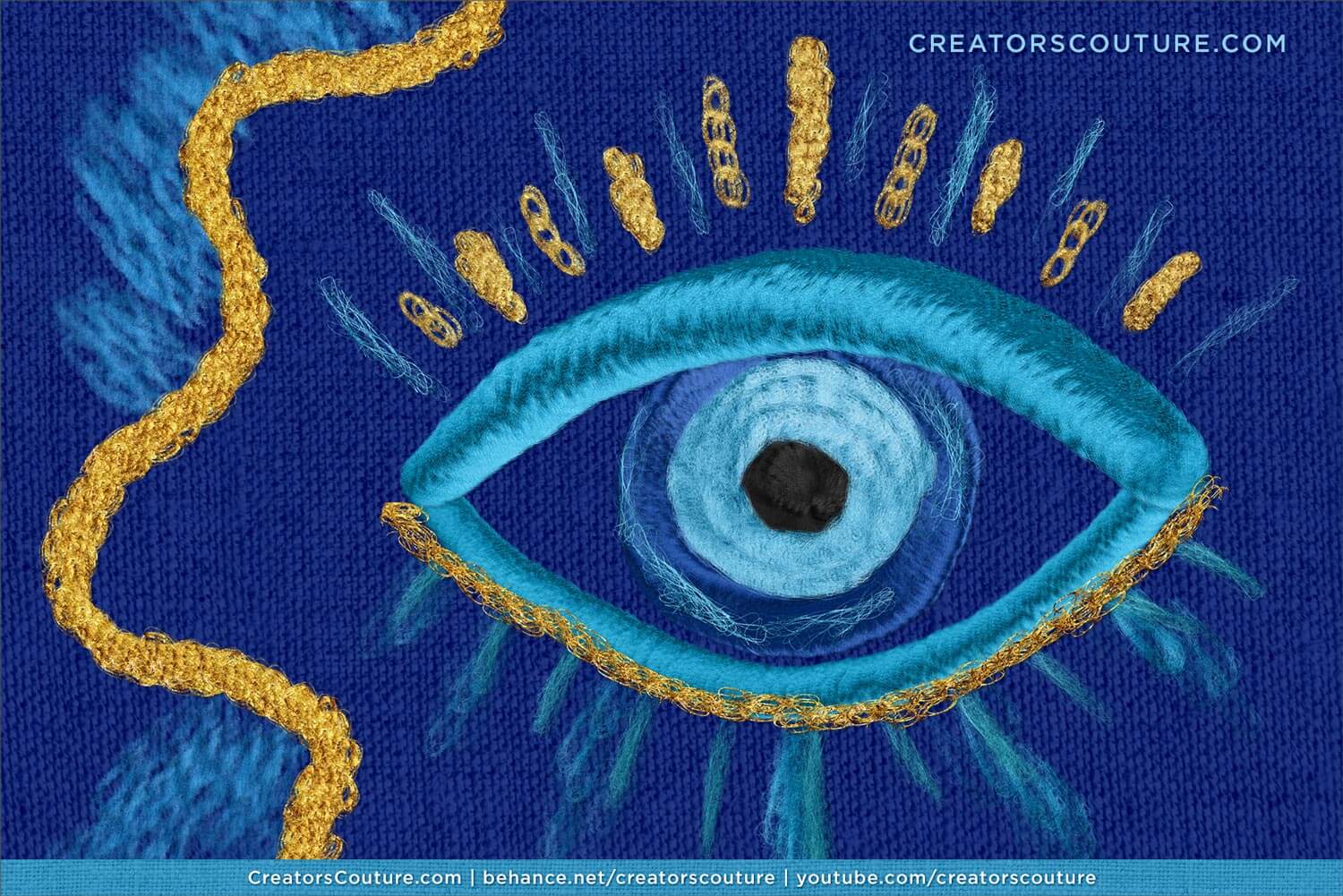 Embroidered design of an evil eye motif with gold accents on a blue background made with realistic Photoshop and Procreate fiber art brushes