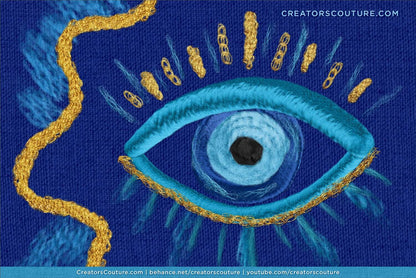 Embroidered design of an evil eye motif with gold accents on a blue background made with realistic Photoshop and Procreate fiber art brushes