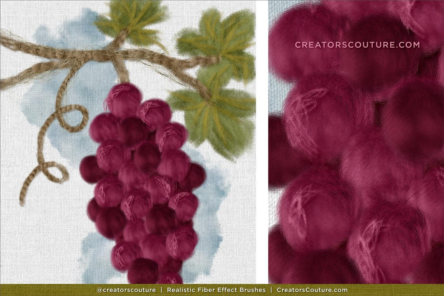 Close-up of a textured fabric with a cluster of grapes and leaves, and a close-up of the fabric texture made with realistic Photoshop and Procreate fiber art brushes