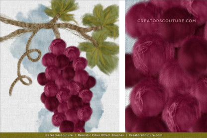 Close-up of a textured fabric with a cluster of grapes and leaves, and a close-up of the fabric texture made with realistic Photoshop and Procreate fiber art brushes
