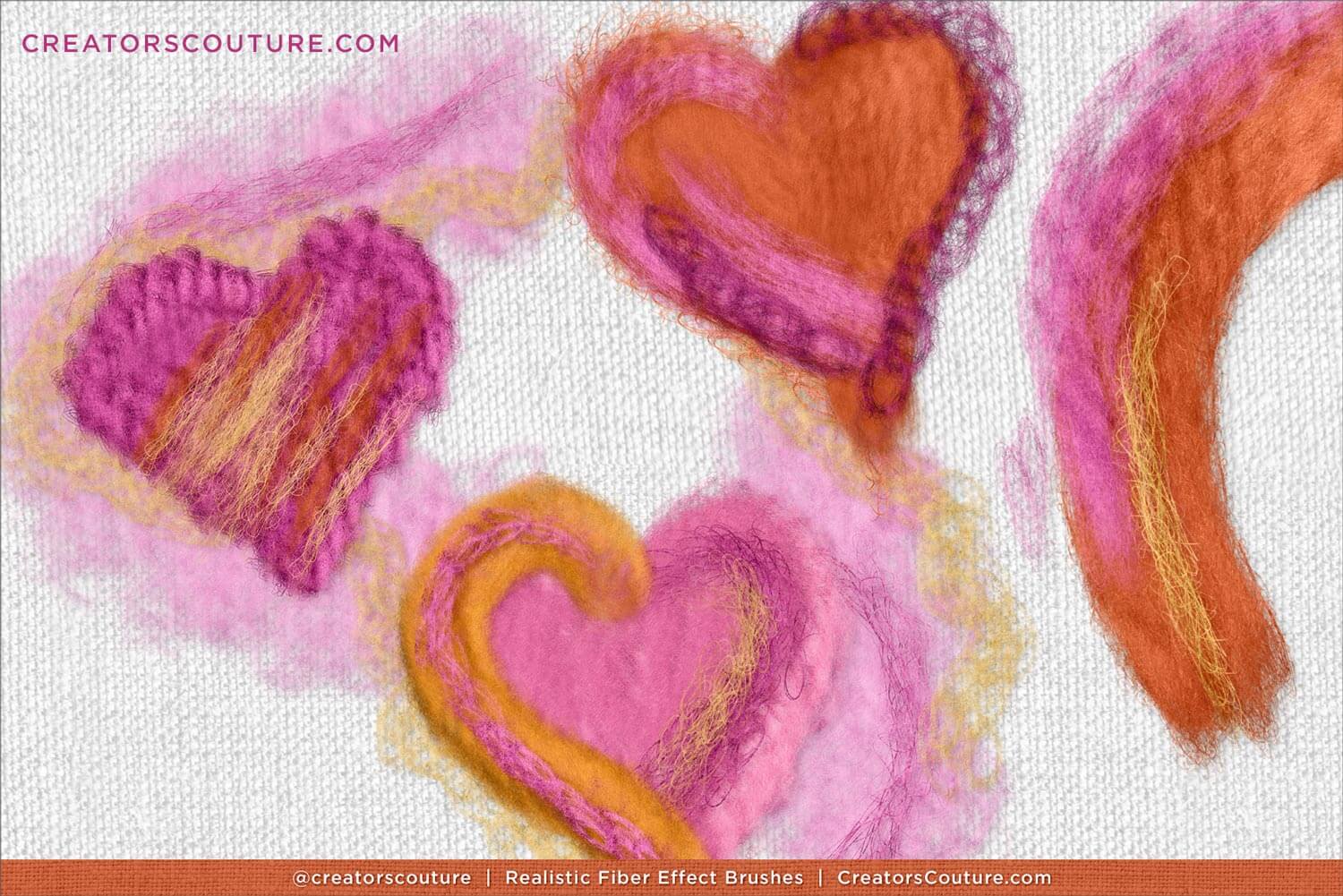 Textured hearts in pink and orange on a white background made with realistic Photoshop and Procreate fiber art brushes