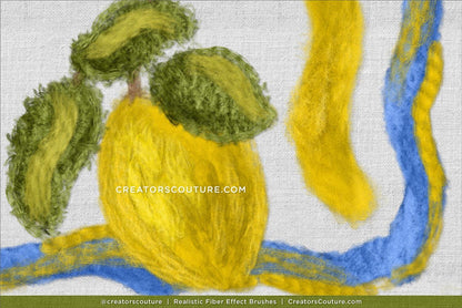 Artistic depiction of a yellow fruit with green leaves on a textured background, made with realistic Photoshop and Procreate fiber art brushes