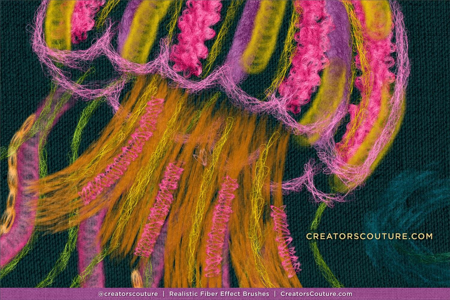 Close-up of colorful jellyfish illustration made with realistic Photoshop and Procreate fiber art brushes