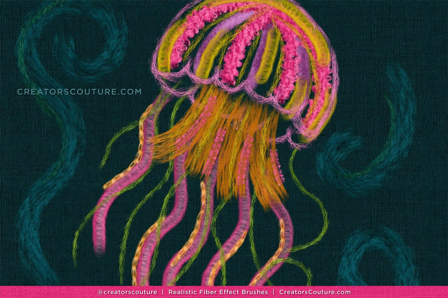 Colorful jellyfish illustration on a dark background made with realistic Photoshop and Procreate fiber art brushes