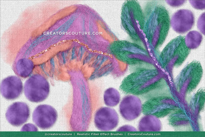 Artistic depiction of a mushroom with purple bubbles and green leaves on a textured background and watercolor accents made with realistic Photoshop and Procreate fiber art brushes
