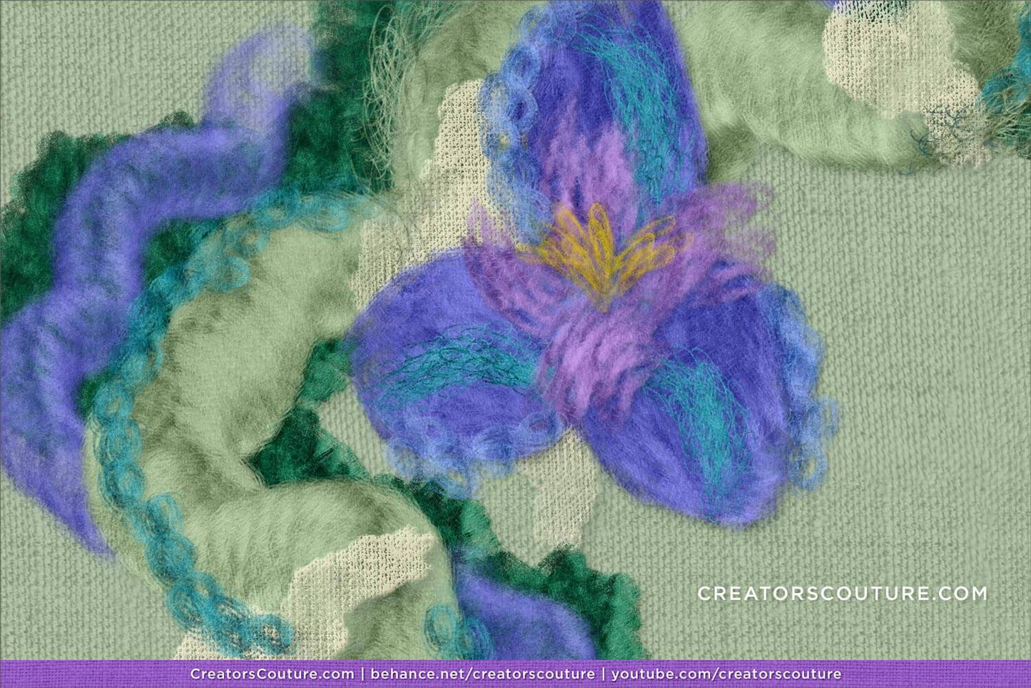 Close-up of textured fabric with purple and green flower patterns made with realistic Photoshop and Procreate fiber art brushes