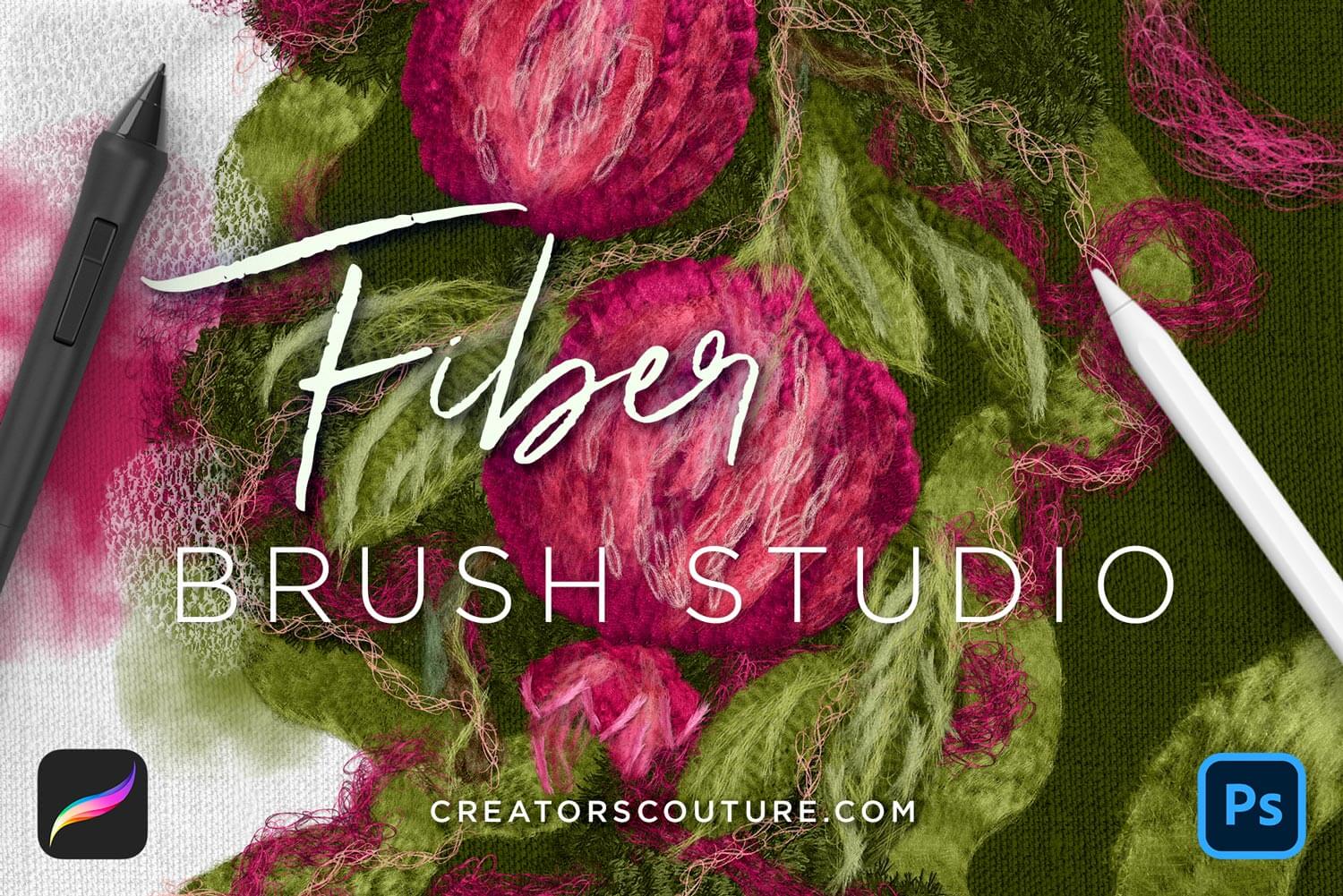 Fiber art brush studio for Photoshop & Procreate cover image - digital illustration of a pomegranate in the style of fiber and textile art, inspired by punch needle embroidery, tufting, wool felting, thread art and more
