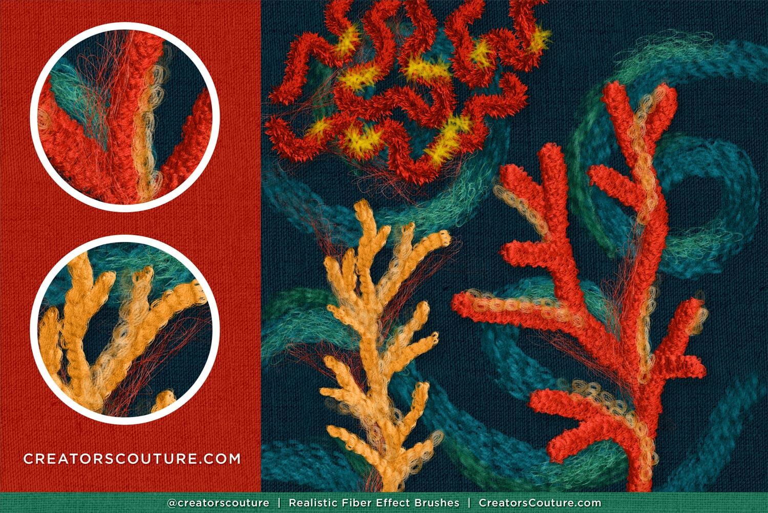 Close-up of textured coral patterns made with realistic Photoshop and Procreate fiber art brushes