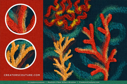 Close-up of textured coral patterns made with realistic Photoshop and Procreate fiber art brushes