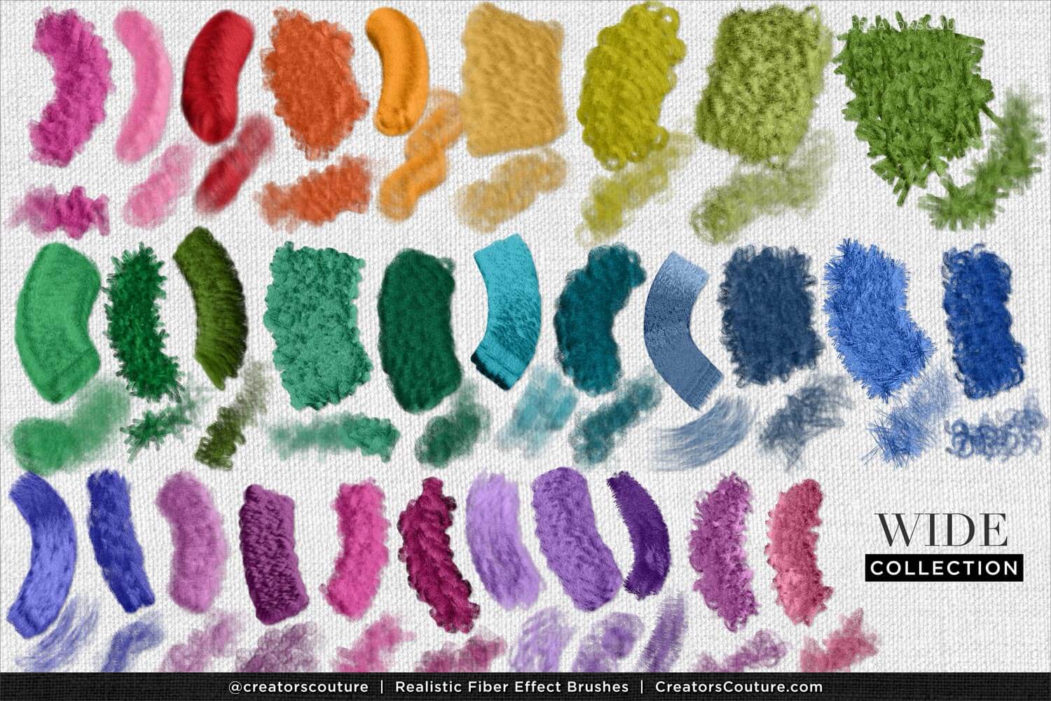 Collection of colorful fiber effect brushes for Photoshop and Procreate digital art 