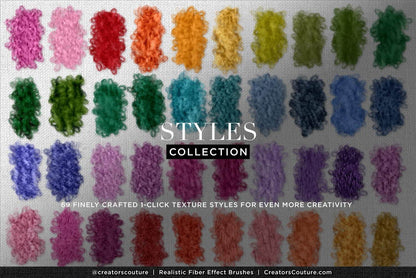 Collection of colorful fiber effects for digital illustration - layer styles chart 1 - made with realistic Photoshop and Procreate fiber art brushes