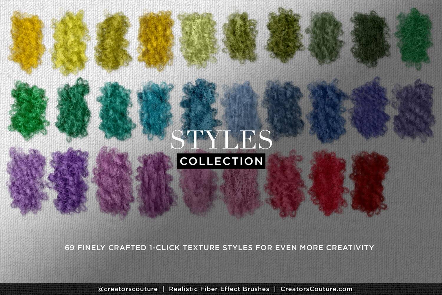 Collection of colorful fiber effects for digital illustration - layer styles chart 2 - made with realistic Photoshop and Procreate fiber art brushes