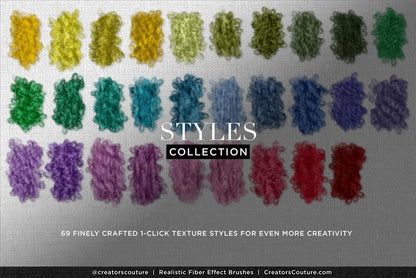 Collection of colorful fiber effects for digital illustration - layer styles chart 2 - made with realistic Photoshop and Procreate fiber art brushes