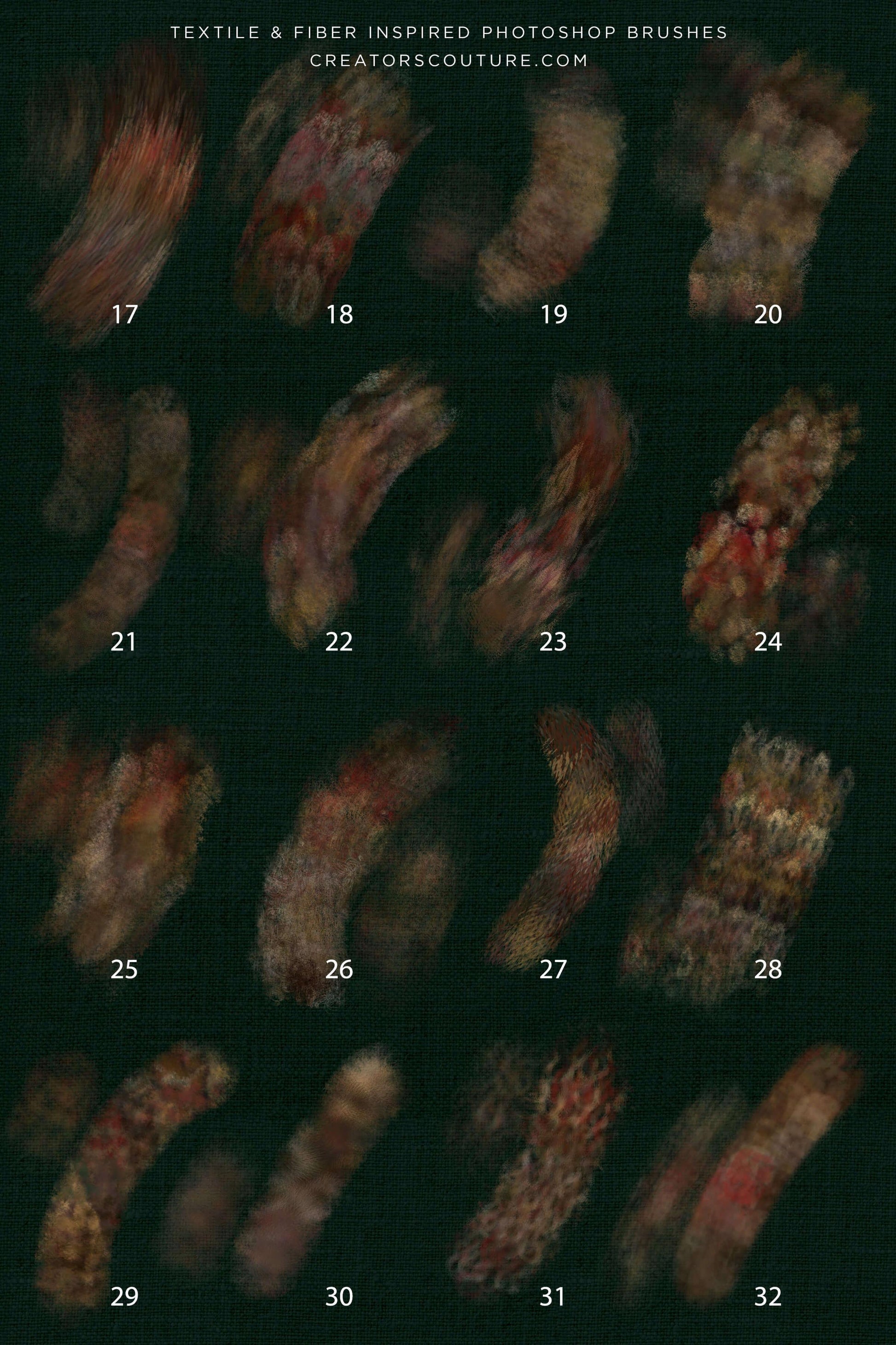 Textile and fiber inspired Photoshop brushes displayed on a dark background with numbers indicating their sequence.
