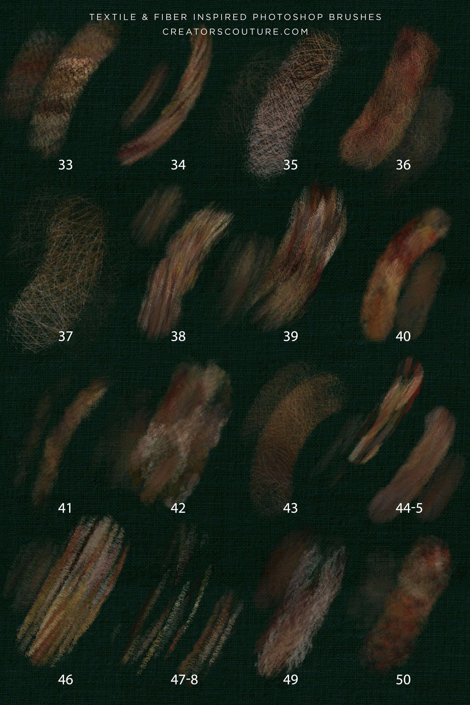 Textile and fiber inspired Photoshop brushes displayed on a dark background with numbers indicating brush sets.