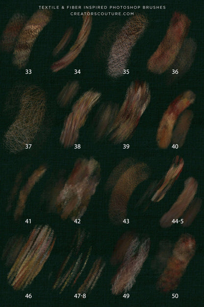Textile and fiber inspired Photoshop brushes displayed on a dark background with numbers indicating brush sets.