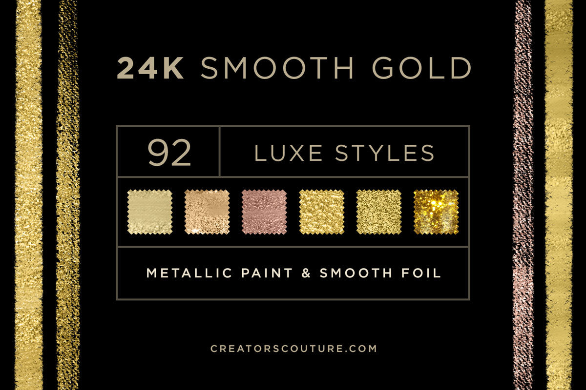 Smooth Gold Foil & Liquid Gold Textures for graphic design, digital art, & illustration, cover image showing various gold style swatches on a black background, luxury aesthetic