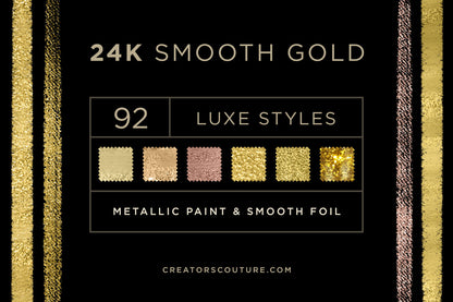 Smooth Gold Foil & Liquid Gold Textures for graphic design, digital art, & illustration, cover image showing various gold style swatches on a black background, luxury aesthetic