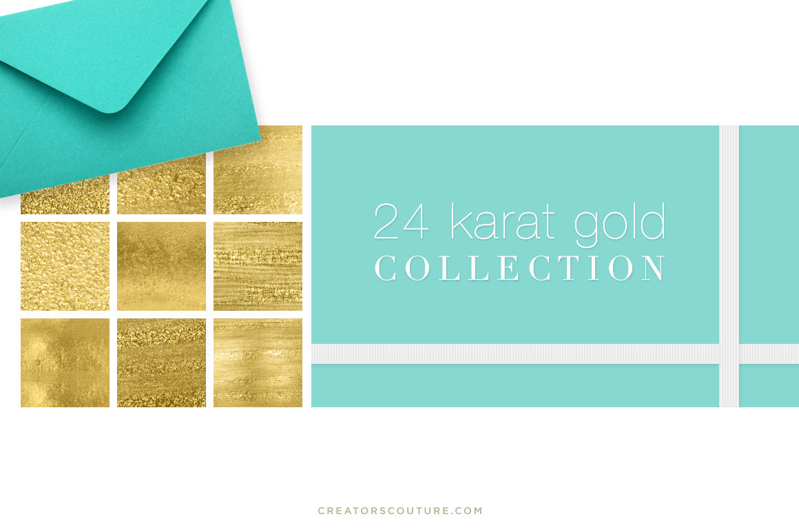 Smooth Gold Foil & Liquid Gold Textures for graphic design, digital art, & illustration, gold swatch samples on white background with Tiffany blue, luxury aesthetic