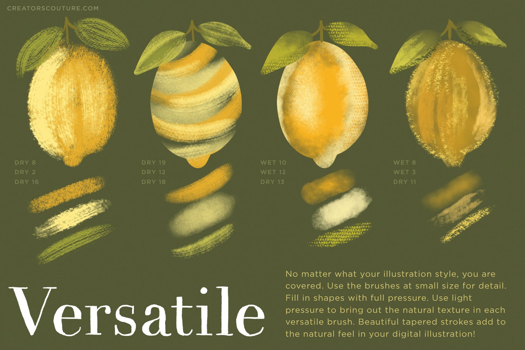 natural media photoshop brushes, realistic texture, pencils, pastels, charcoal, inks, gouache & watercolor, demo images of a lemon illustration drawn 4 different ways with various brushes