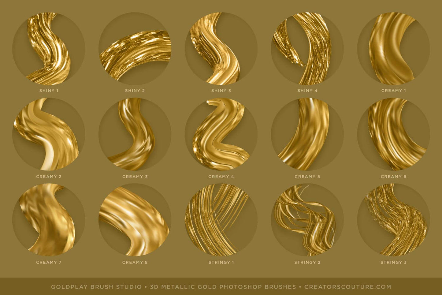 3d metallic gold photoshop effects chart 2 - Photoshop brush strokes that resemble 3d gold chains, liquid gold, & dimensional metallic gold