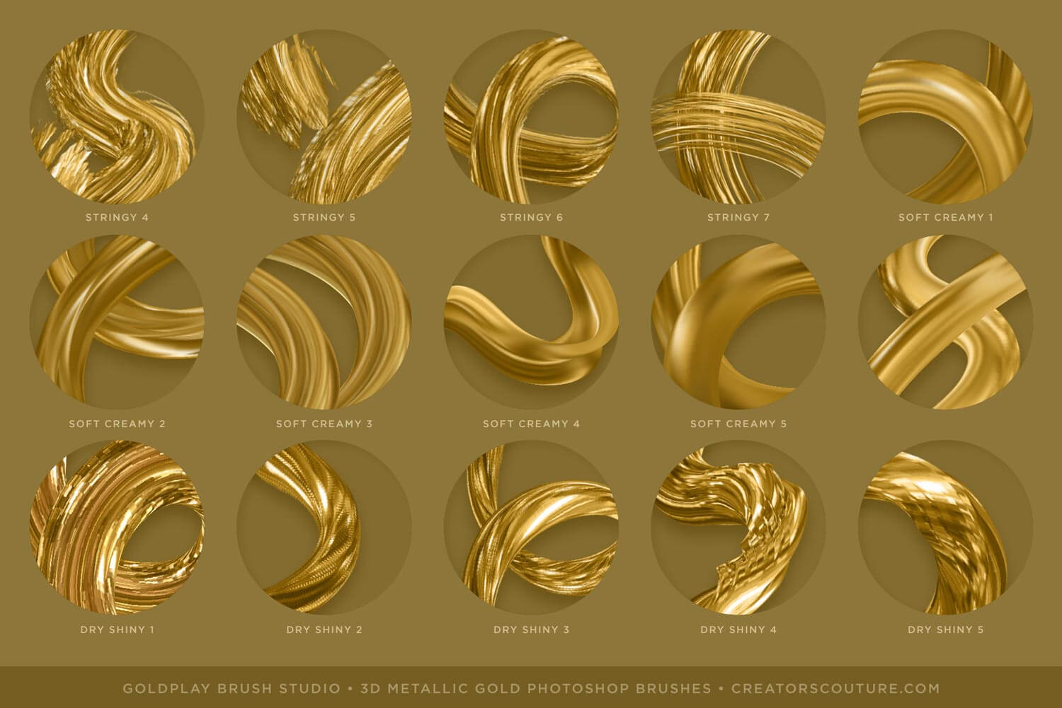 3d metallic gold photoshop brushes chart 3 - Photoshop brush strokes that resemble 3d gold chains, liquid gold, & dimensional metallic gold