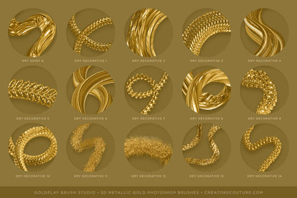 3d metallic gold photoshop brush effects chart 1 - Photoshop brush strokes that resemble 3d gold chains, liquid gold, & dimensional metallic gold