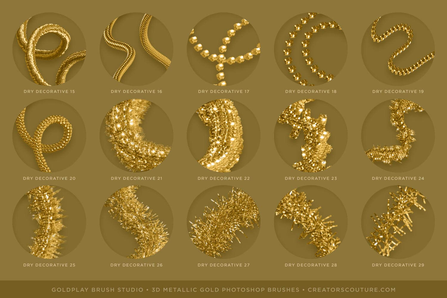 3d metallic gold tinsel and gold chain brushes chart 5 - Photoshop brush strokes that resemble 3d gold chains, liquid gold, & dimensional metallic gold