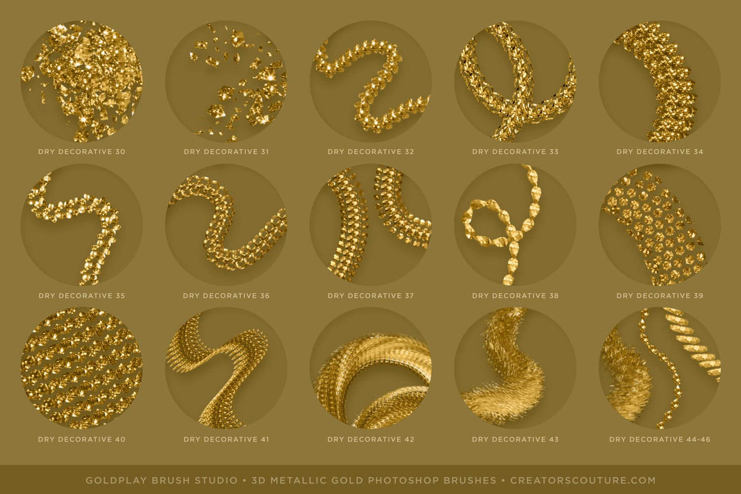 3d chain and textured metallic gold brush strokes chart 4 - Photoshop brush strokes that resemble 3d gold chains, liquid gold, & dimensional metallic gold