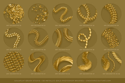 3d chain and textured metallic gold brush strokes chart 4 - Photoshop brush strokes that resemble 3d gold chains, liquid gold, & dimensional metallic gold
