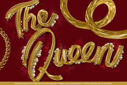 twisted shiny metallic gold 3d lettering accented with pearls and gold accents - The Queen, gold letters on red background, created with 3d Gold Photoshop brushes