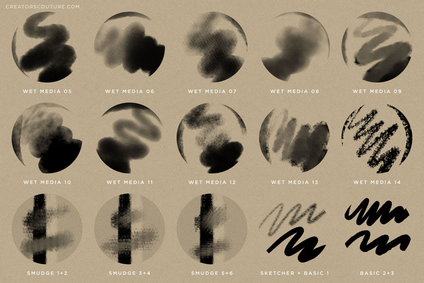 natural media photoshop brushes, realistic texture, pencils, pastels, charcoal, inks, gouache & watercolor, brush chart wet media, smudge brushes, & basic brushes