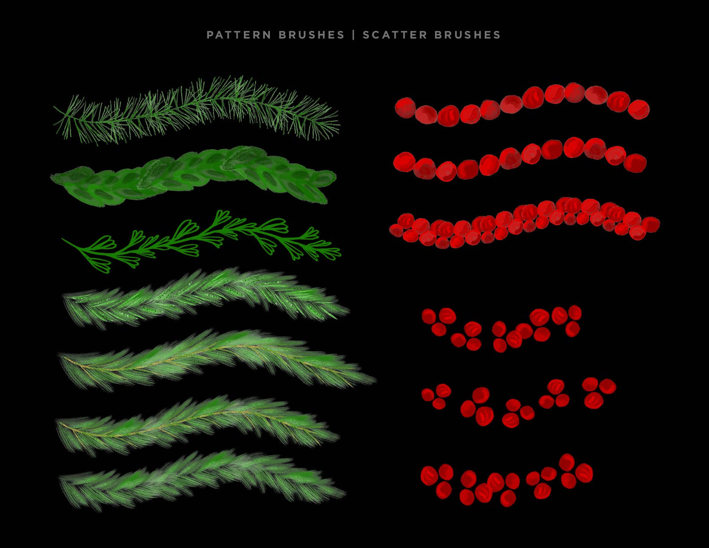 Christmas & Winter Greenery Illustrated Brushes for Adobe Illustrator pattern and scatter brushes preview